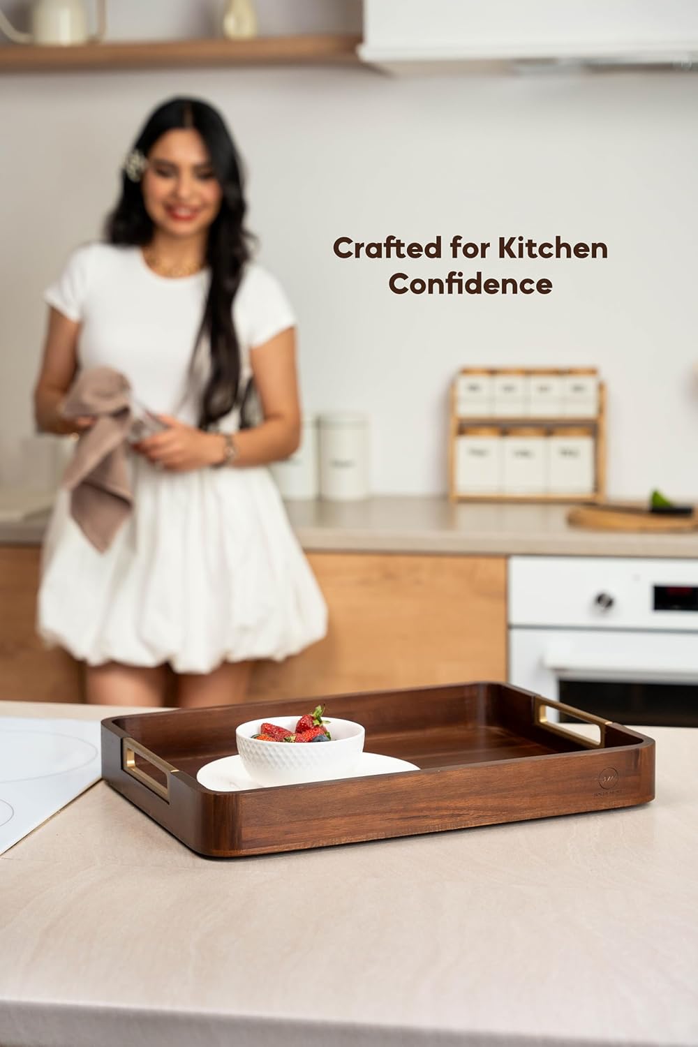 100% Acacia Wooden Serving Tray with Gold-Tone Aluminum Handles