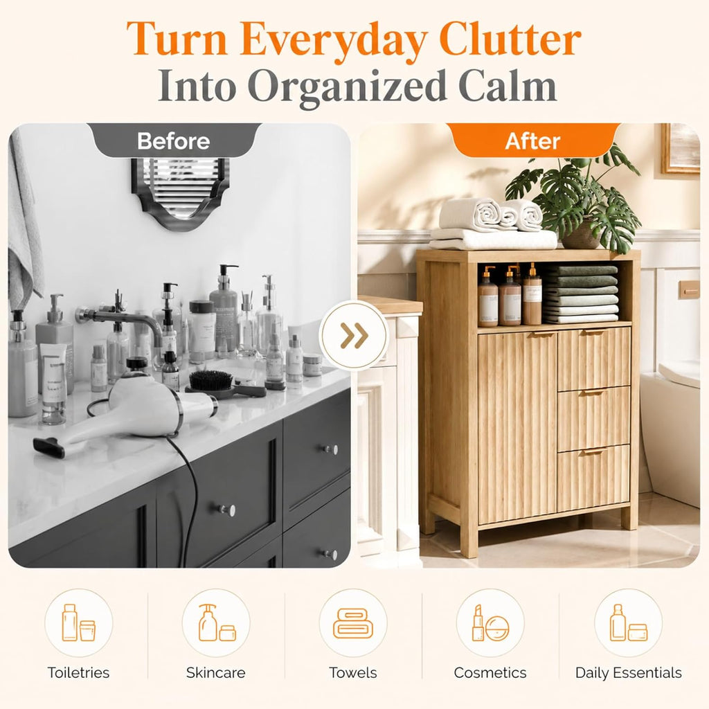 VINGLI Bathroom Storage Cabinet with 3 Drawers & Door, Slim Freestanding Floor Cabinet Organizer for Small Spaces, 30mm Thick-Look Top & Legs, Adjustable Shelf, Modern Fluted Cabinet, Natural Oak