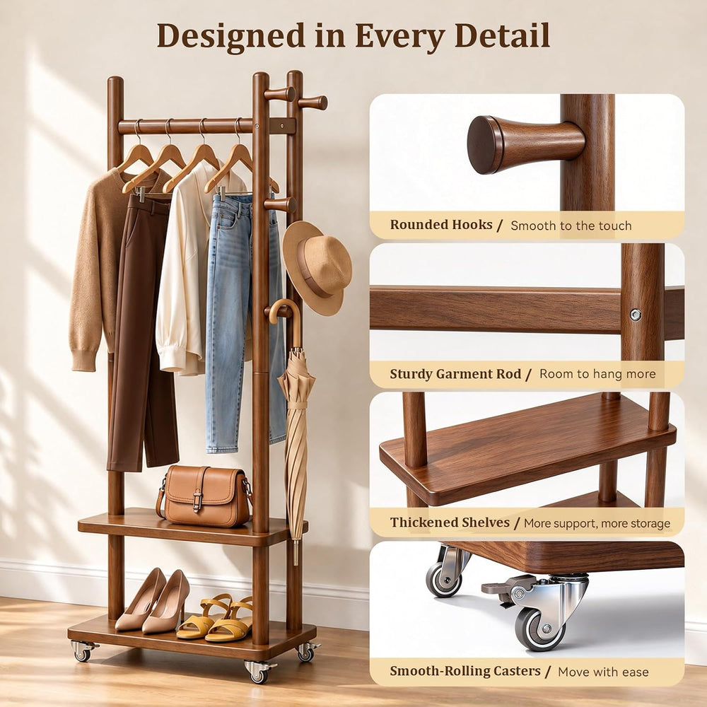 Taitiy Coat Rack Solid Wood Stand Storage 2 Shelves 5 Hooks Entryway