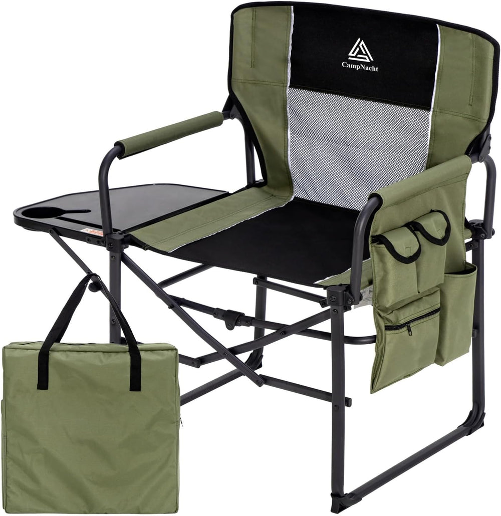Folding Director Chair with Table, Camping Chair for Adults, Green-1Pack