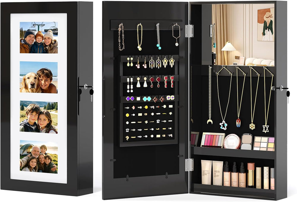 Bonnlo Wall-Mounted Jewelry Cabinet with Photo Frame, Inside Mirror, Black
