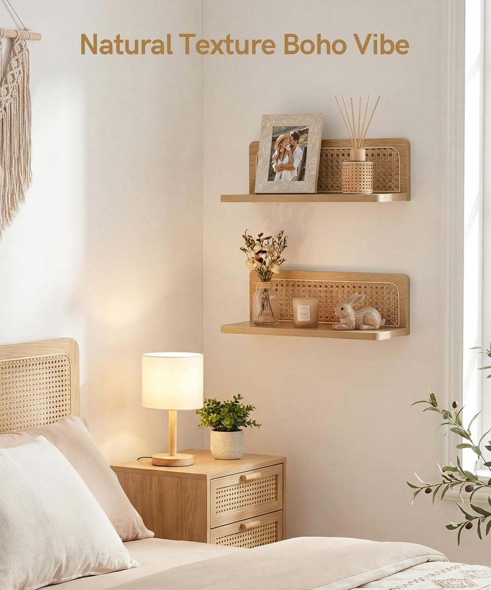 Rattan Wall Shelf, Boho Wood Floating Shelves, 16 Inch