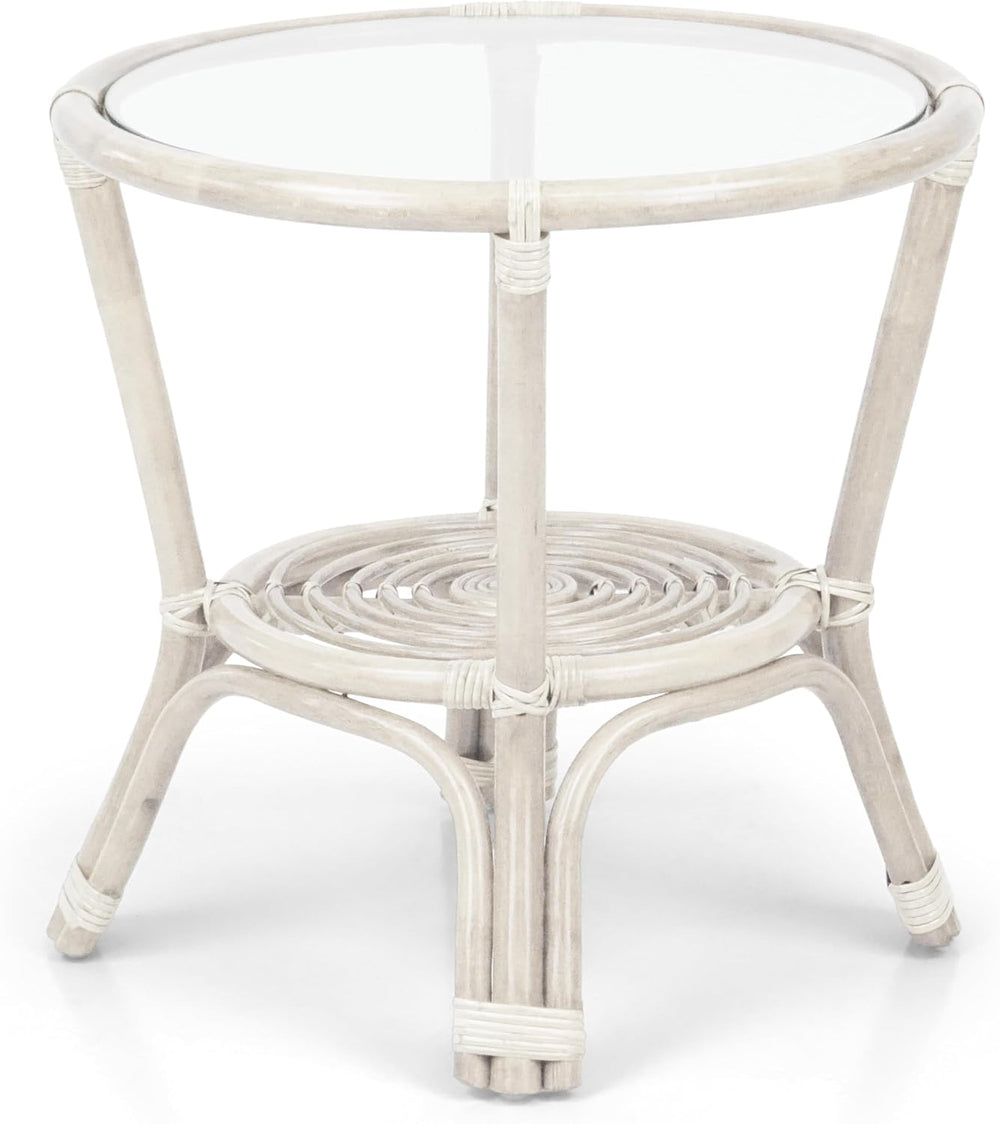 Leo Rattan Wicker Round Accent Coffee Table with Glass, White Color