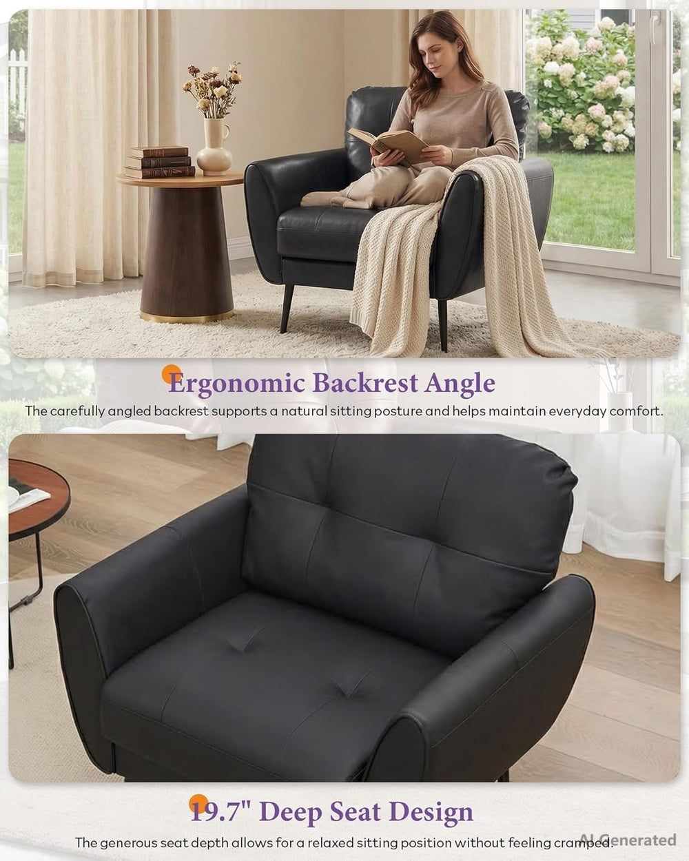 Black Leather Accent Chairs Set of 2, Tufted Reading Chairs for Living Room