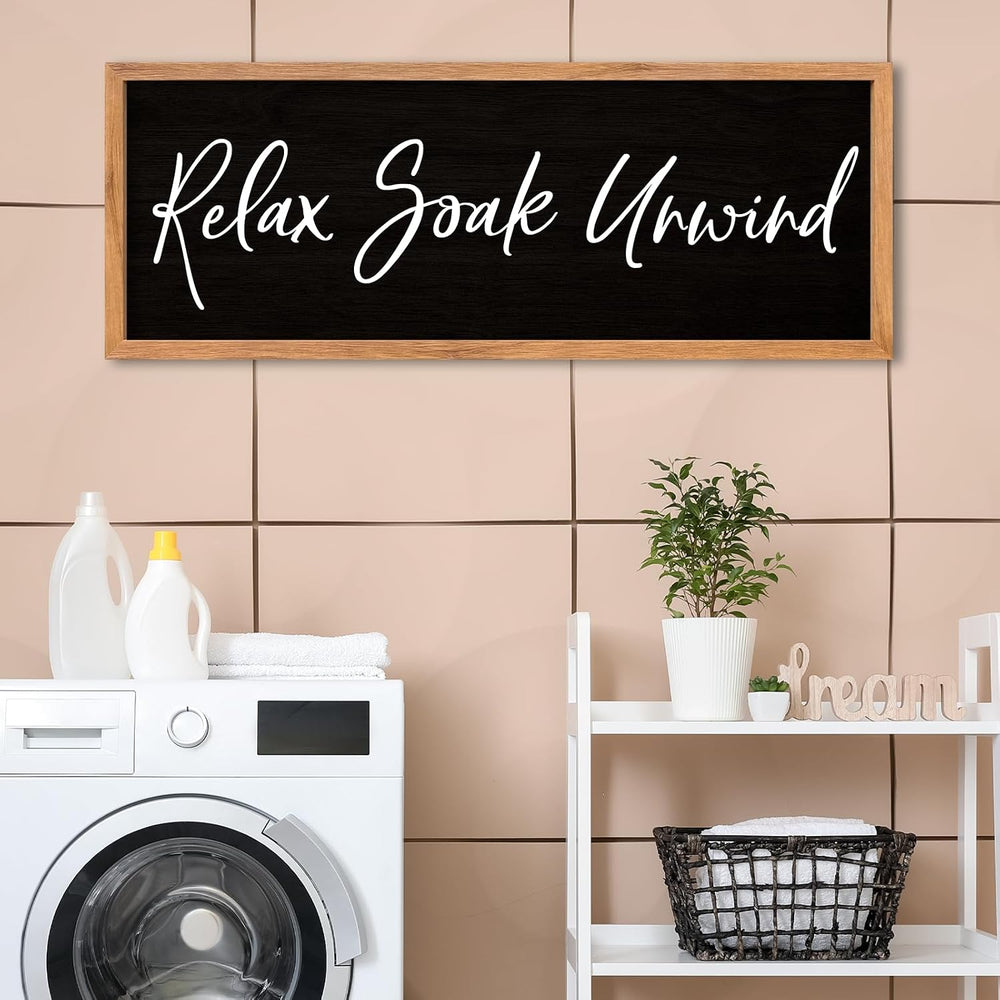 AuraPeak Relax Soak Unwind Sign Bathroom Wall Decor, Wood Black, 32"×12&...