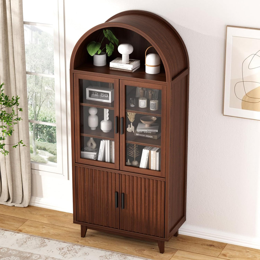 Arched Cabinet with Glass Doors, Fluted Pantry Cabinet with Solid Wood Legs