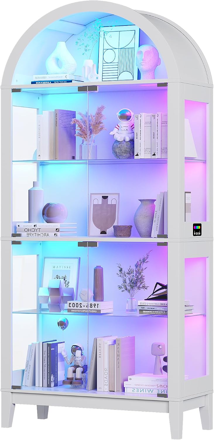 HNEBC Arched Glass Display Cabinet with RGB Dimmable LED Lights, White