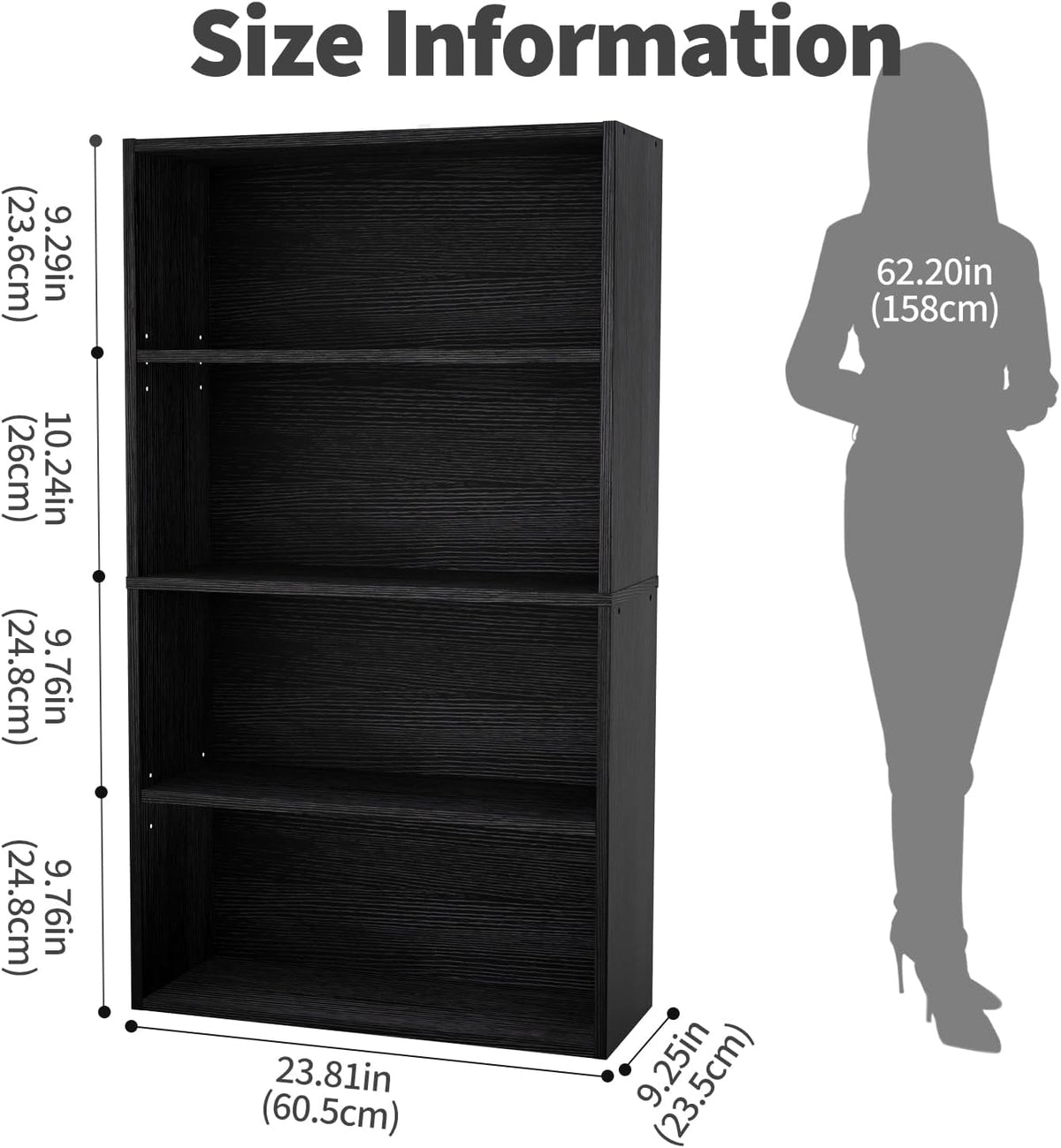 DUMOS 4-Tier Bookcase, 42 Inch Open Bookshelf, Black