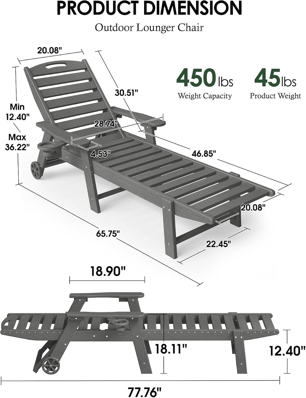 HDPE Outdoor Chaise Lounge Chair Set of 2, 77.8" Length,Dark Grey