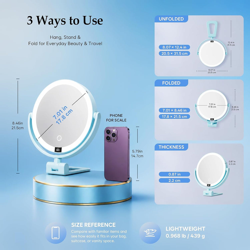 1X/30X Makeup Mirror with Lights, Magnifying Mirror (Sky Blue)