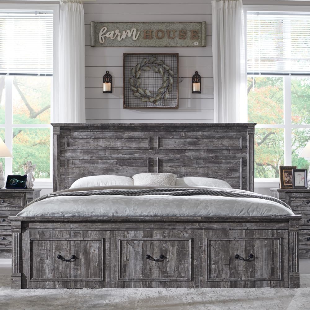 Aitjunz Farmhouse King Size Bed Frame w/51 Tall Headboard, Light Grey