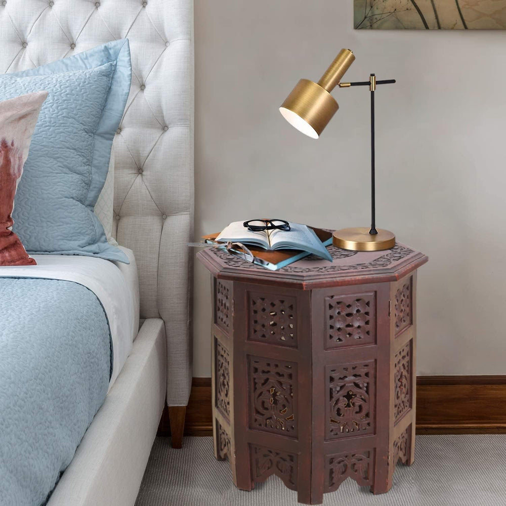 COTTON CRAFT Solid Wood End Table - Hand Carved Folding Accent Side Table