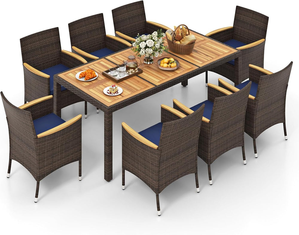 HAPPYGRILL 9 Pieces Acacia Wood Patio Dining Set for 8 People, Outdoor Rattan...