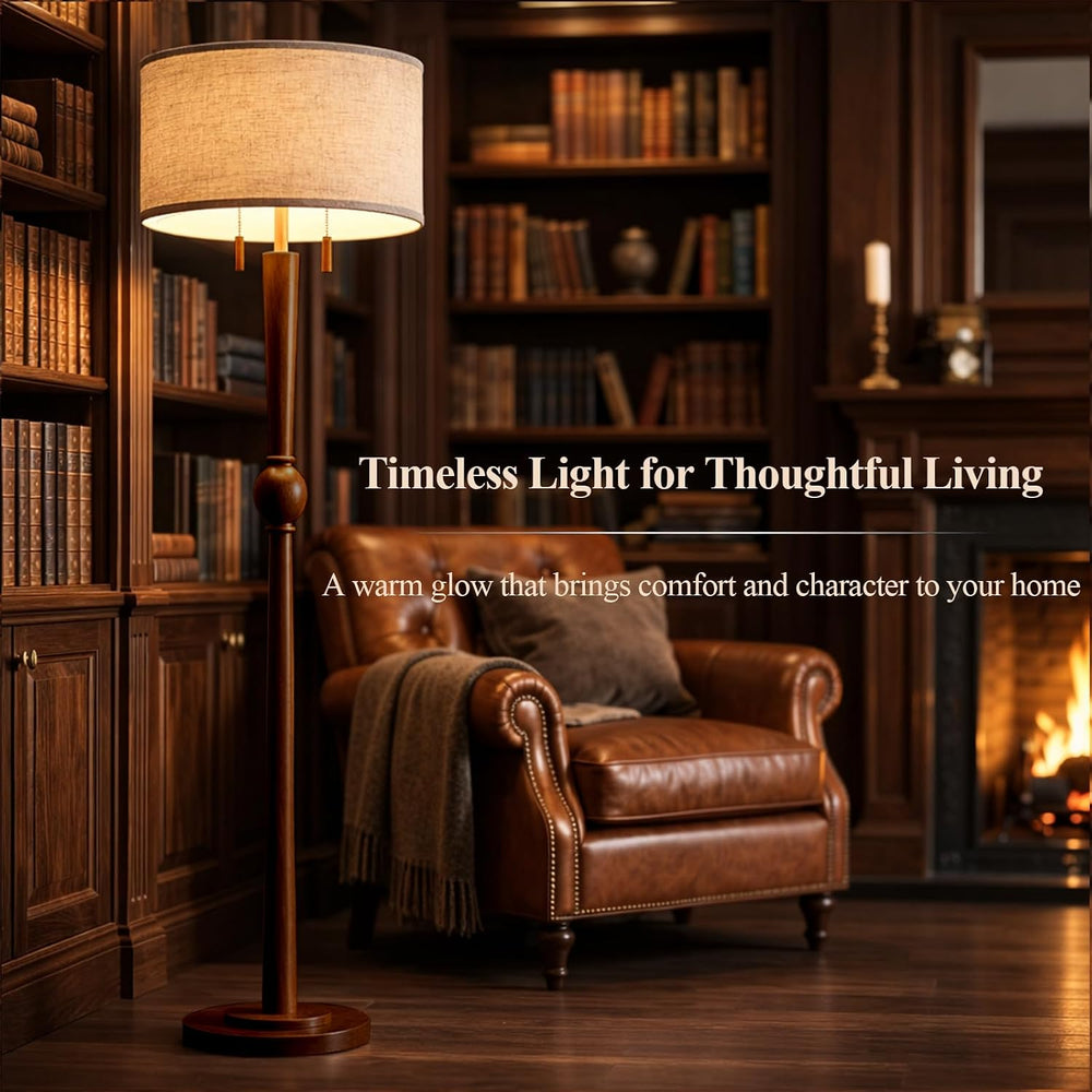 MOFFE Solid Wood Floor Lamp for Living Room with Wooden Pull Chains