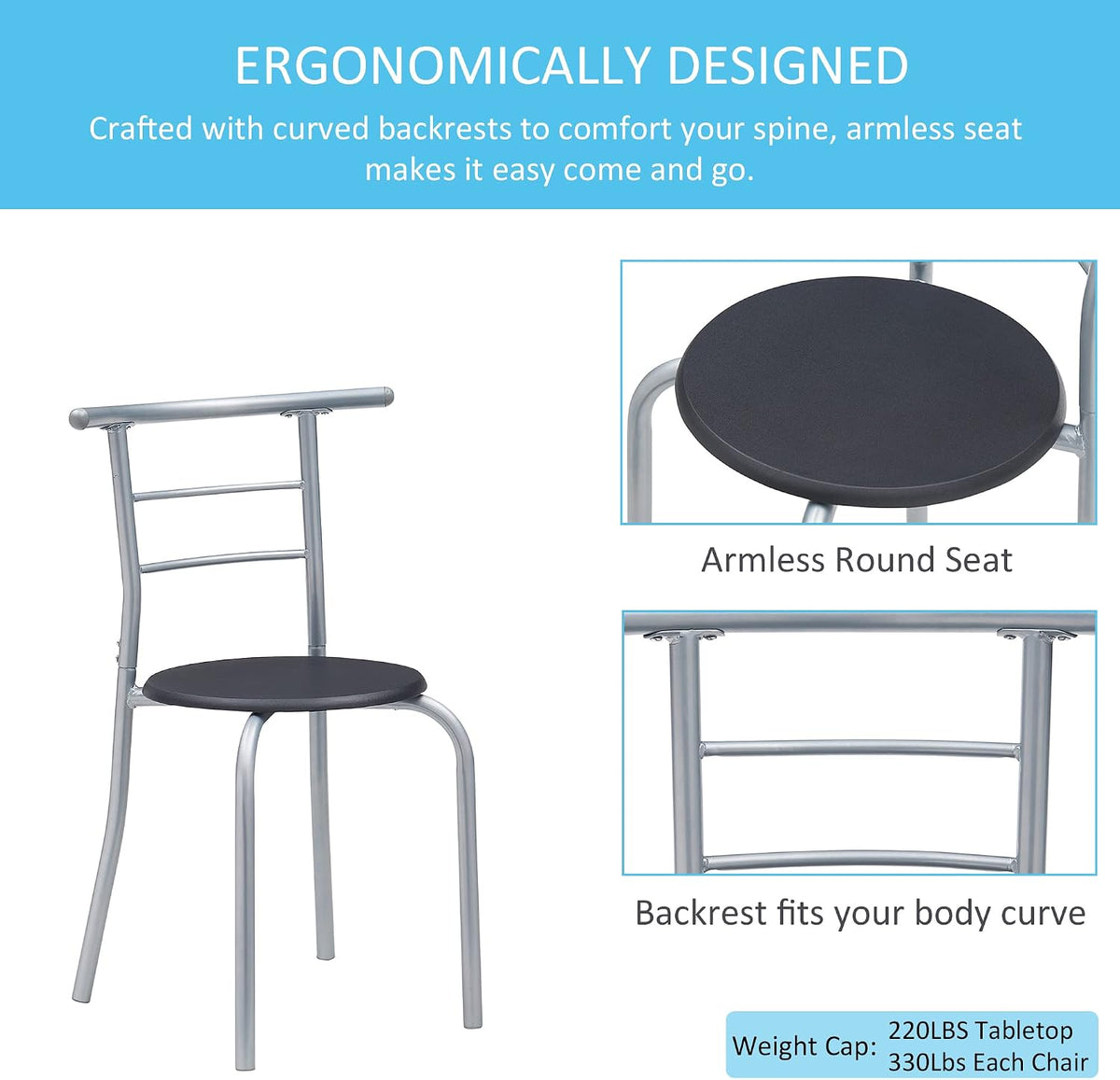 VECELO 3 Piece Wood Round Table & Chair Set for Dining Room Kitchen Bar Breakfast, with Wine Storage Rack, Space Saving, Black