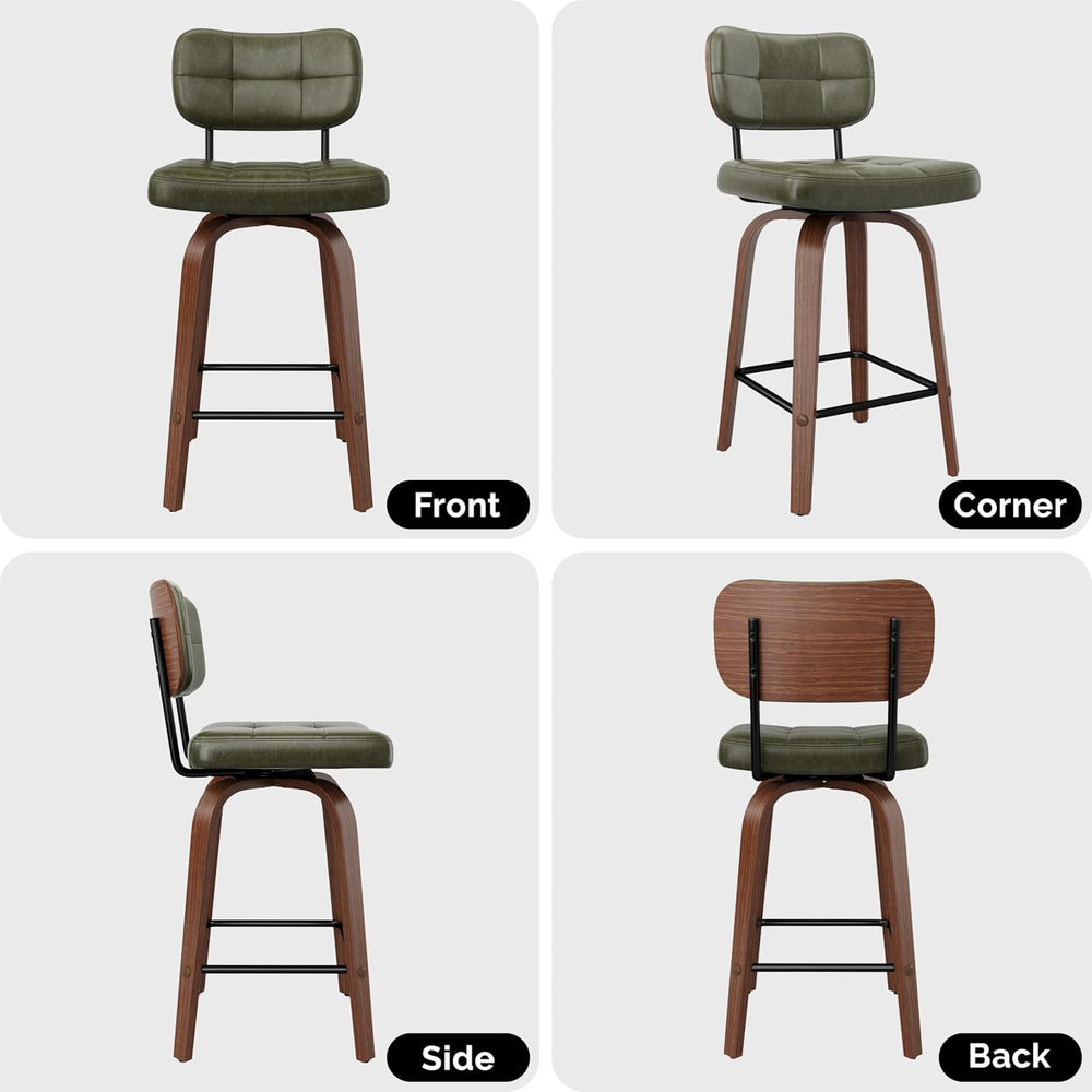 Bar Stools Set of 2 Swivel Counter PU Leather, Deep Green