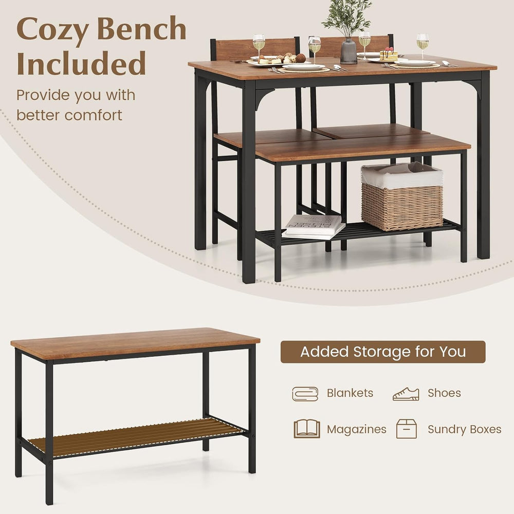COSTWAY Dining Table Set for 4 w/Bench & 2 Chairs, Storage Racks, Brown