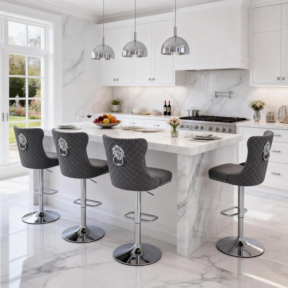 Velvet Bar Stools Set of 4,Modern Swivel Bar Height Stools with Lion Pull Rin...