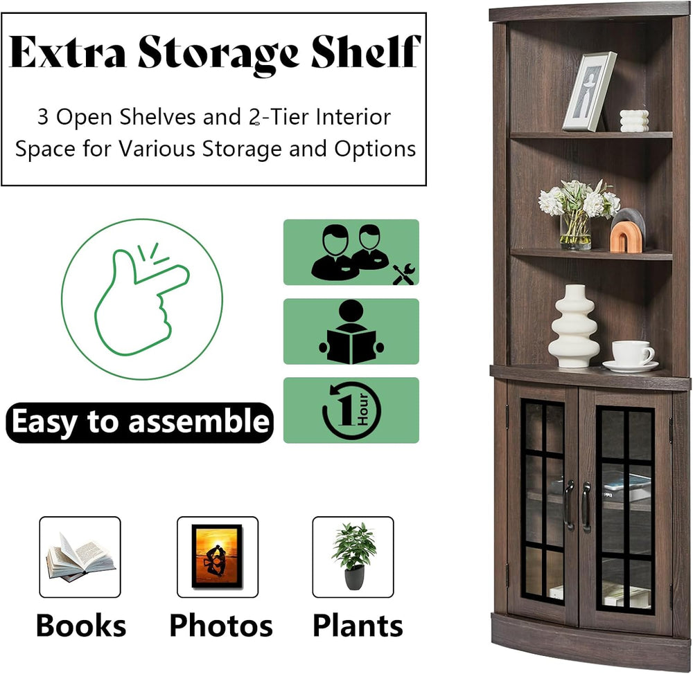 AMERLIFE Curved Corner Storage Cabinet, 65" Tall Freestanding Bookcase