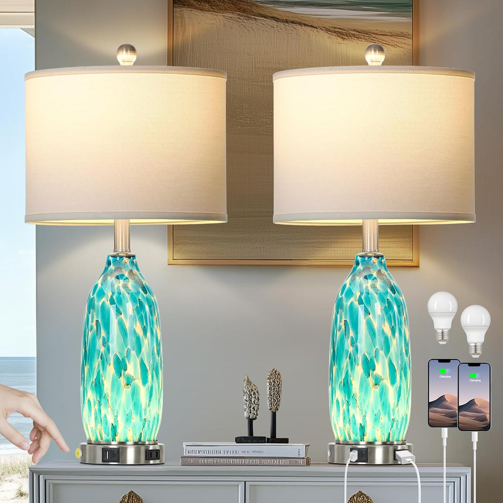 Rinweey 26" Peacock Green Glass Table Lamps Set of 2,Coastal Nautical Be...