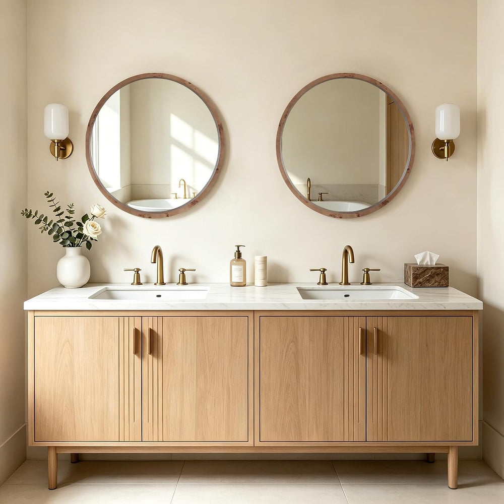 WallBeyond 24 Inch Round Wood Mirror, Burlwood Grain Wood Frame Circle Mirror...