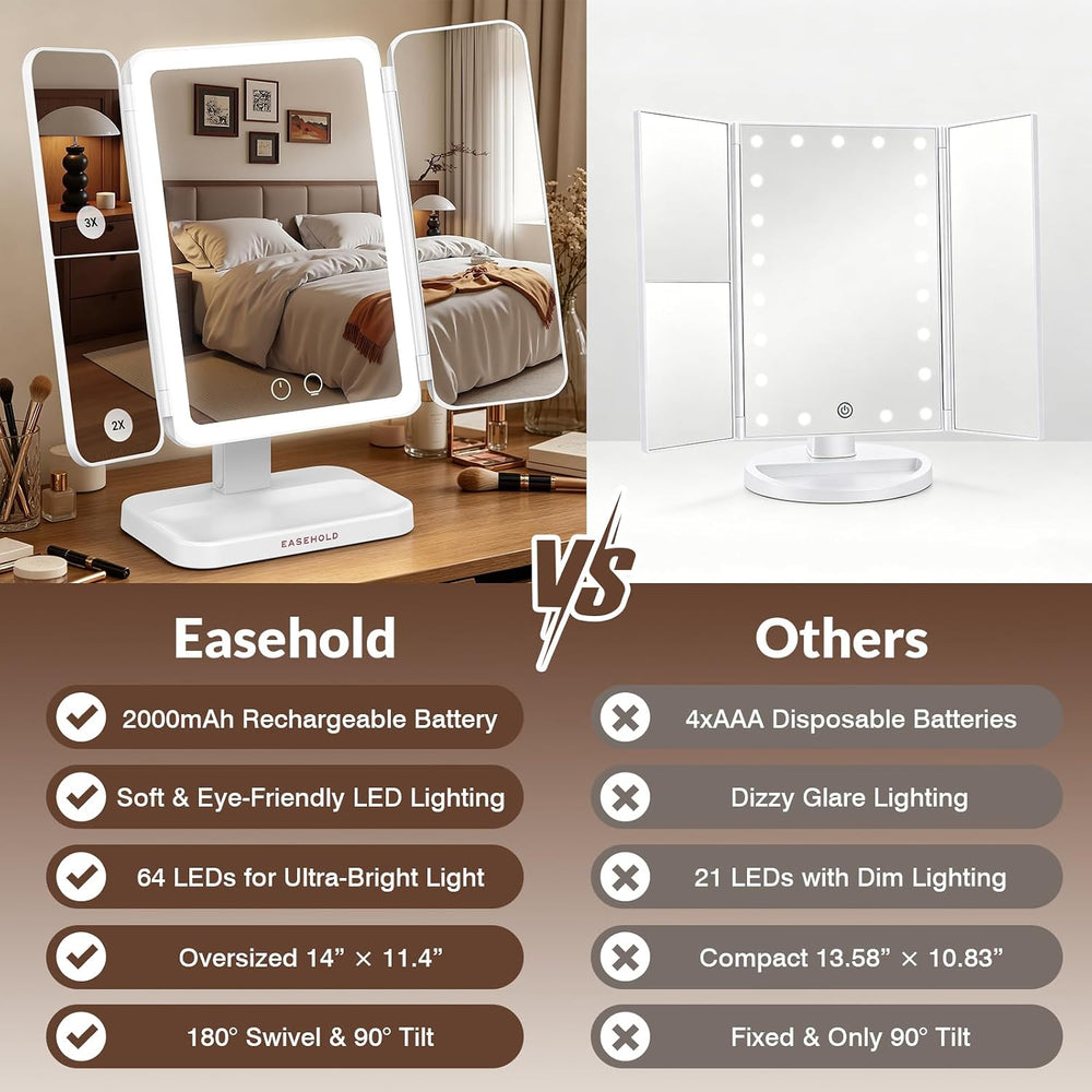 EASEHOLD Trifold Lighted Makeup Vanity Mirror with 1X/2X/3X Magnification