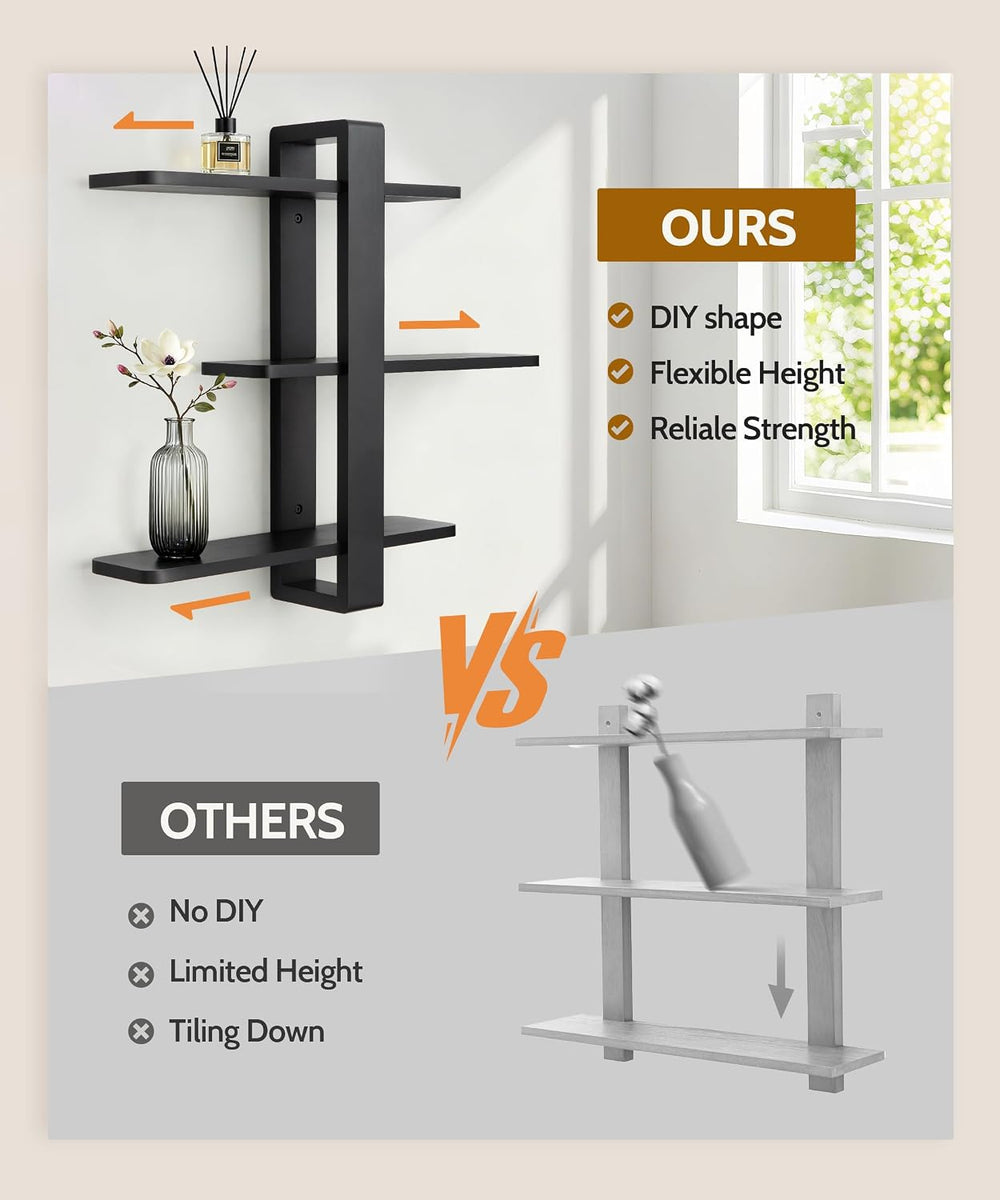 SUMGAR Black Floating Shelves for Wall, 3 Tier Adjustable Large Shelf Unit