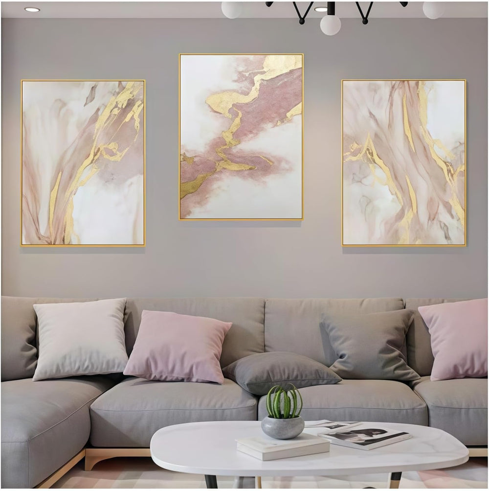 3 Piece Living Room Pink Wall Art, Framed Gold Abstract Painting Water Flow S...