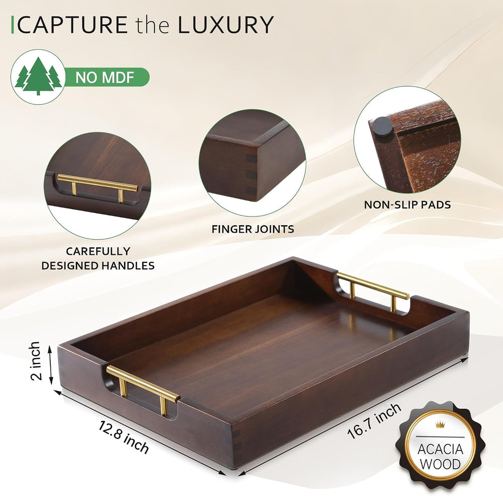 Joy&Grace Acacia Wood Ottoman Tray with Handles 16.7" x 12.8"
