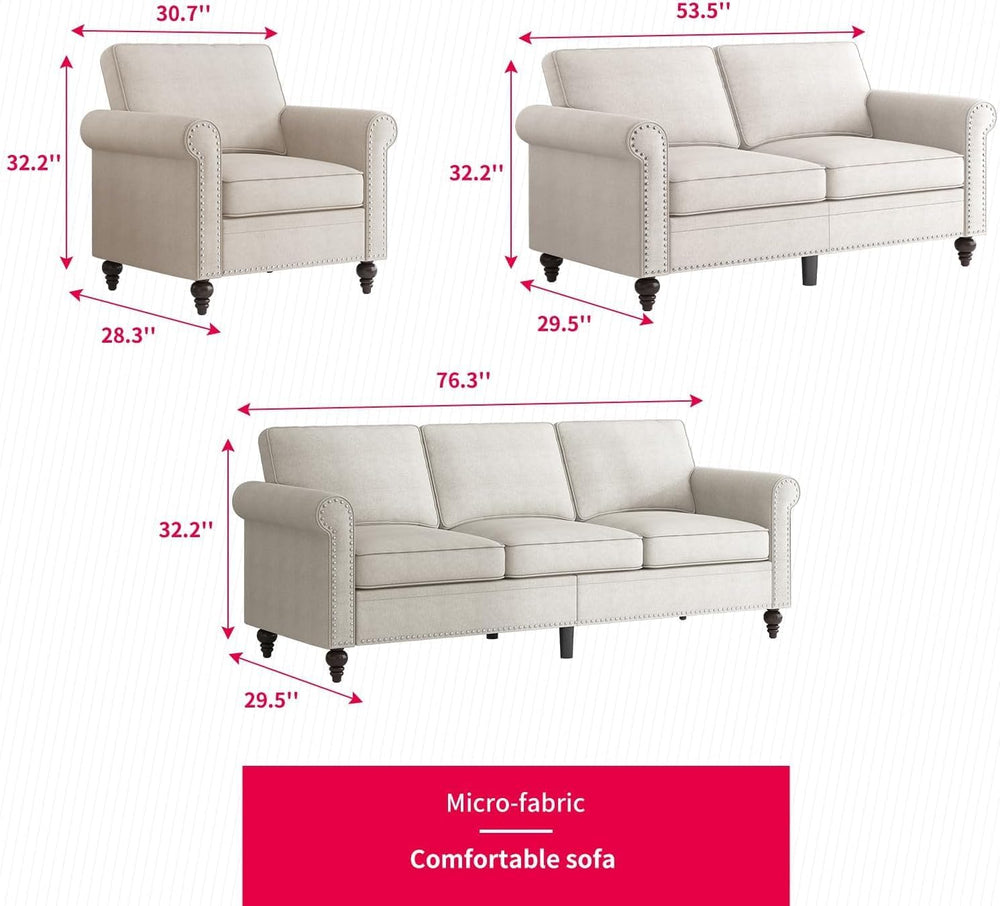 MUZZ 3PCS Sofa Set for Living Room, Linen 6 Seater Couch Set with Nailhead Tr...