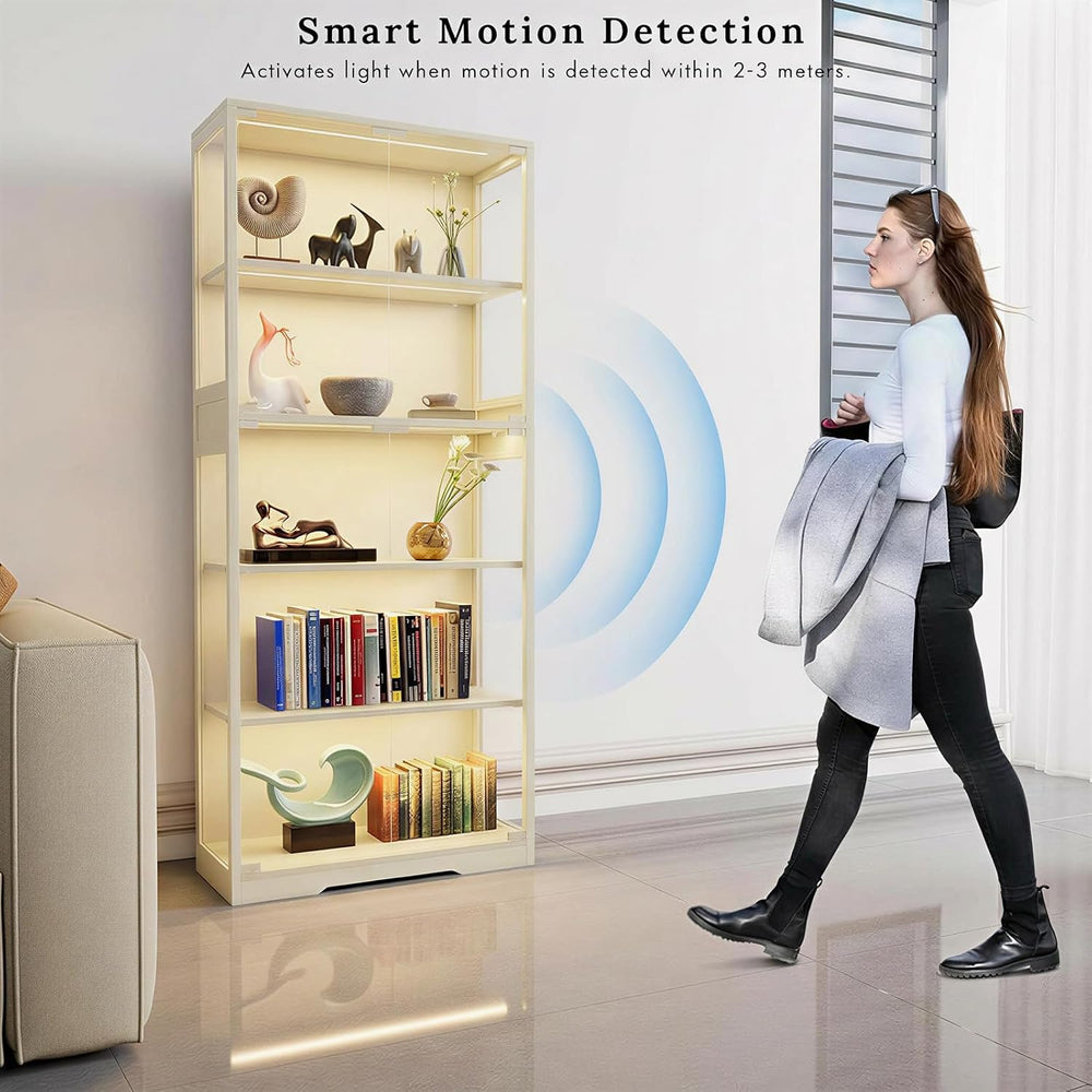 65" Display Cabinet with Glass Doors & LED Lights, Light Wood