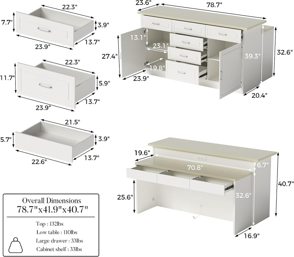 Homsee 78.7" Large Kitchen Island with Storage and Seating, White