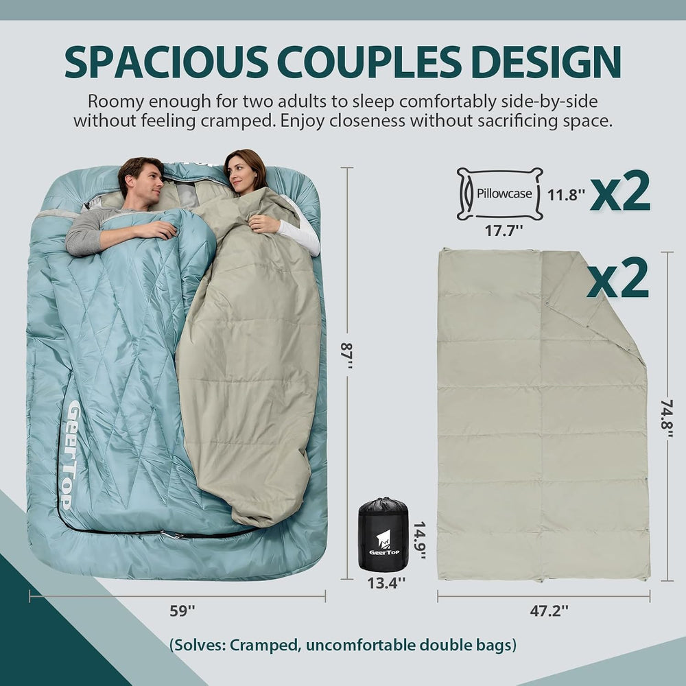 GEERTOP Double Sleeping Bag with Blanket, Queen Size for Couples & Adults