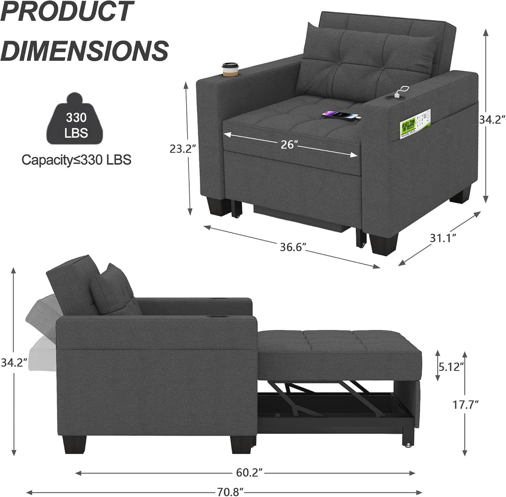 36" 3-in-1 Sleeper Chair, Convertible Pull Out Sofa Bed, Dark Gray Linen