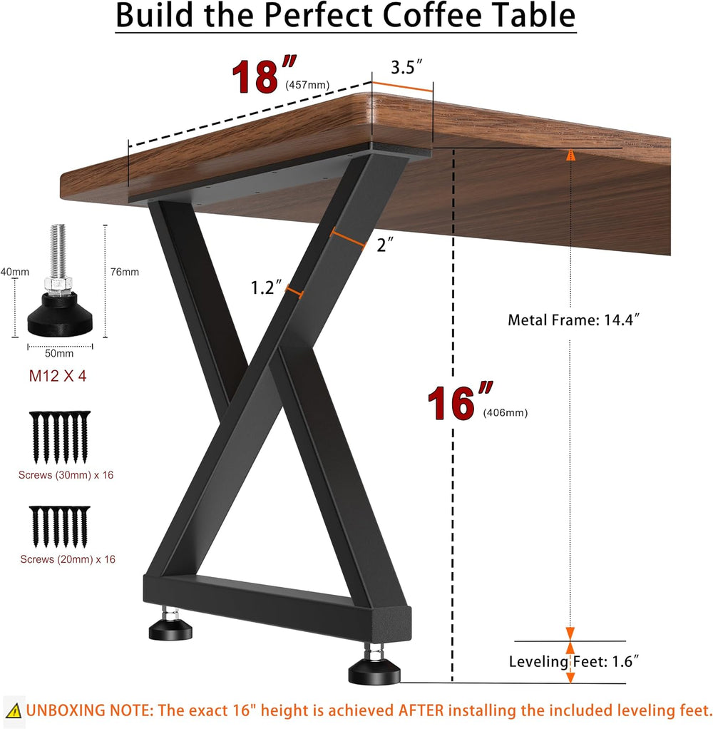 16" Heavy Duty X-Frame Metal Coffee Table Legs, 16x18, Set of 2