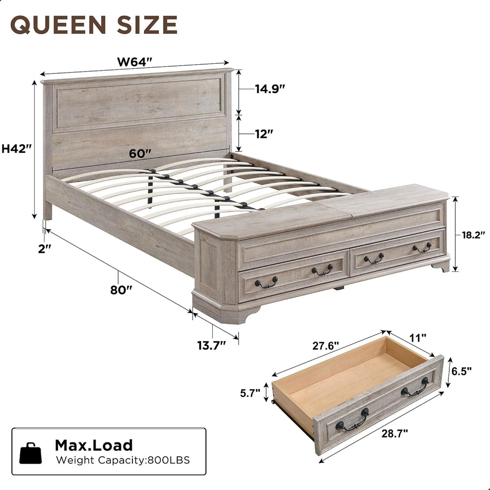 T4TREAM Farmhouse Queen Bed with Headboard and Storage Bench