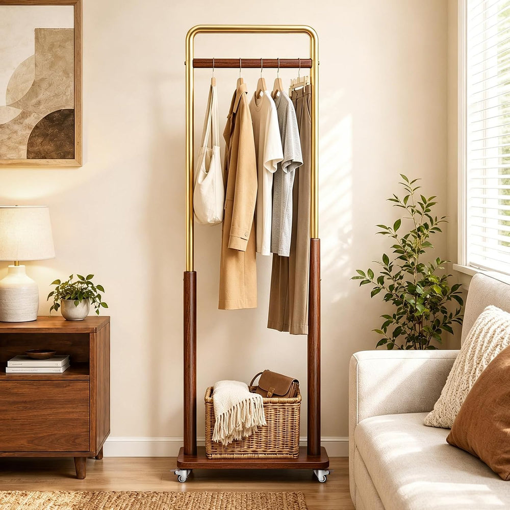 Taitiy Solid Wood Clothes Rack on Wheels for Bedroom, Living Room