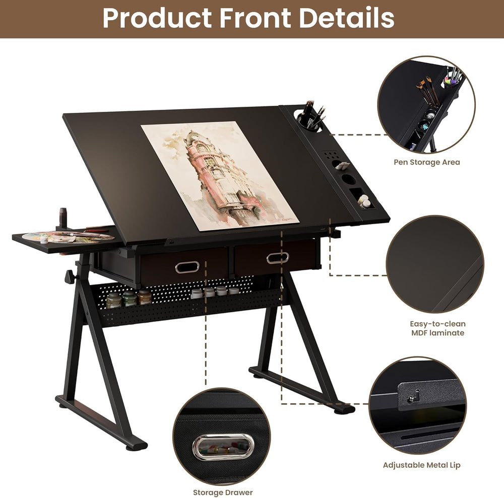 Height Adjustable Art Table Drafting Table with Stool, Black