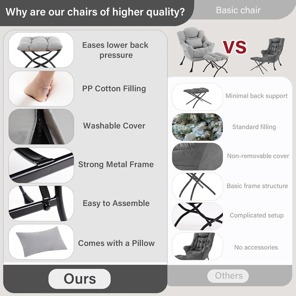 Furlide Lazy Chair with Ottoman, Modern Lounge Chair with Lumbar Pillow, Acce...