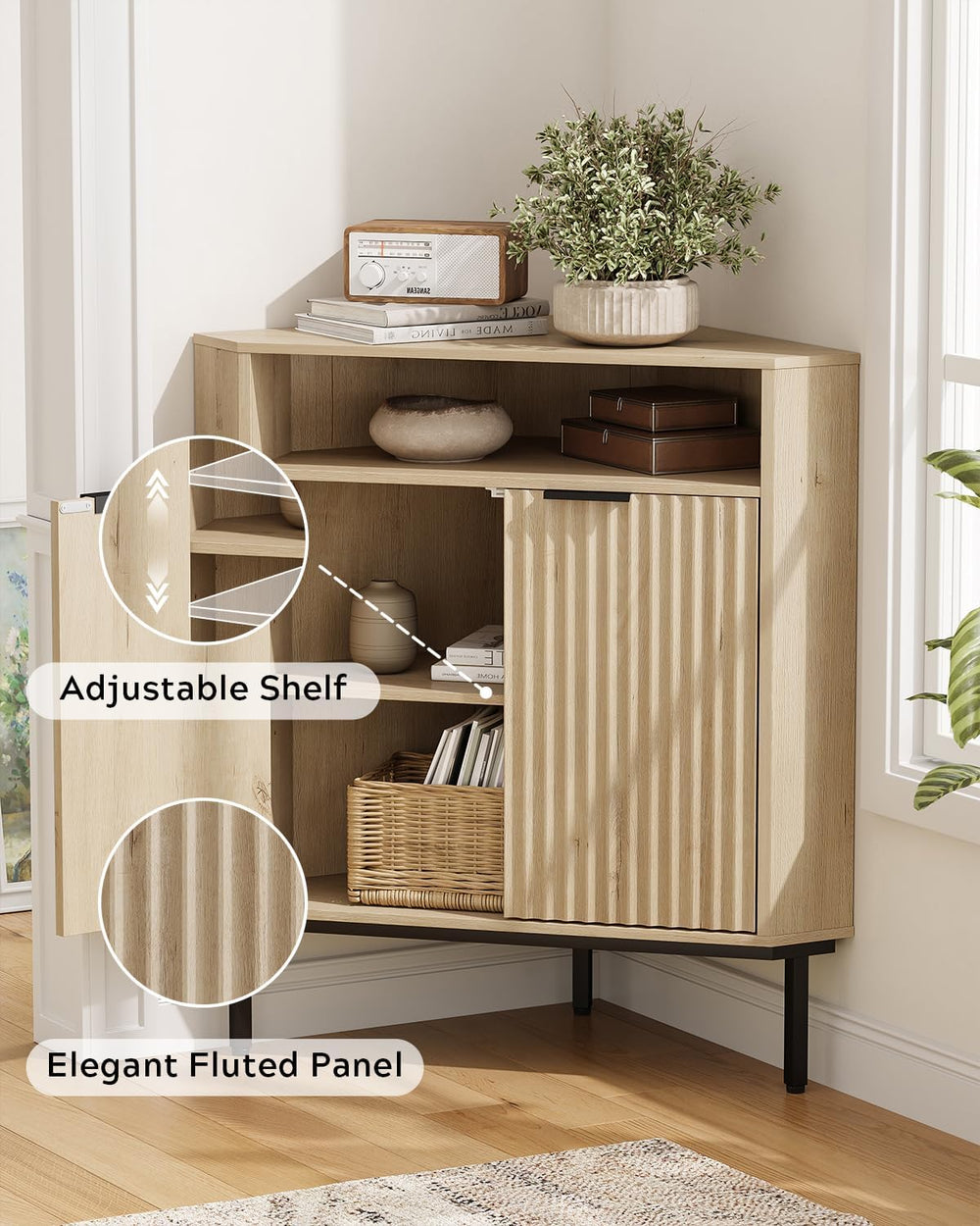 Fluted Corner Cabinet with Storage, Modern Floor Cabinets with Adjustable She...