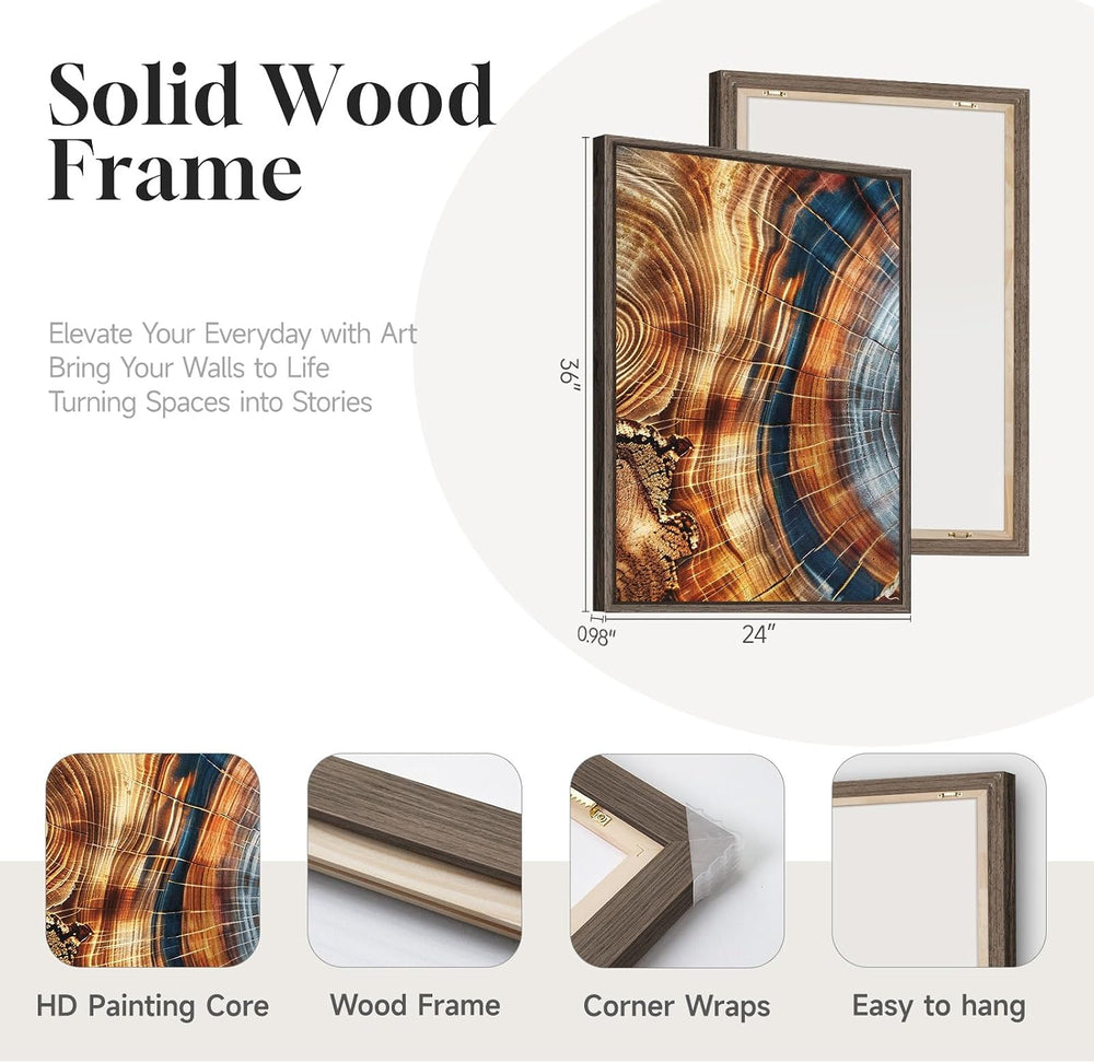 3 Piece Large Framed Colorful Tree Ring Wall Art for Living Room, 24x36 In
