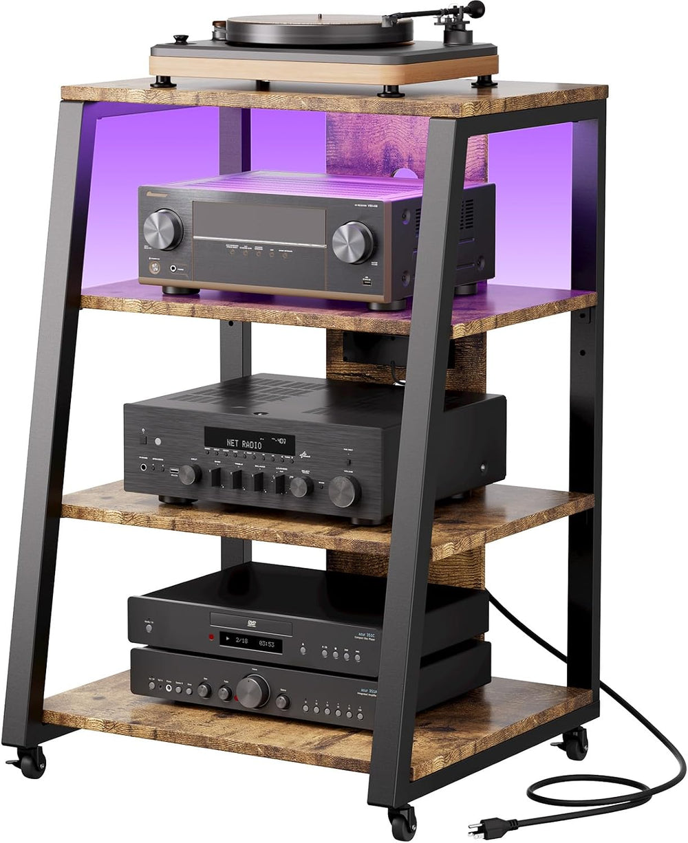 Lifewit 4 Tier Media Stand with Power & LED, Stereo Cabinet, Rustic Brown