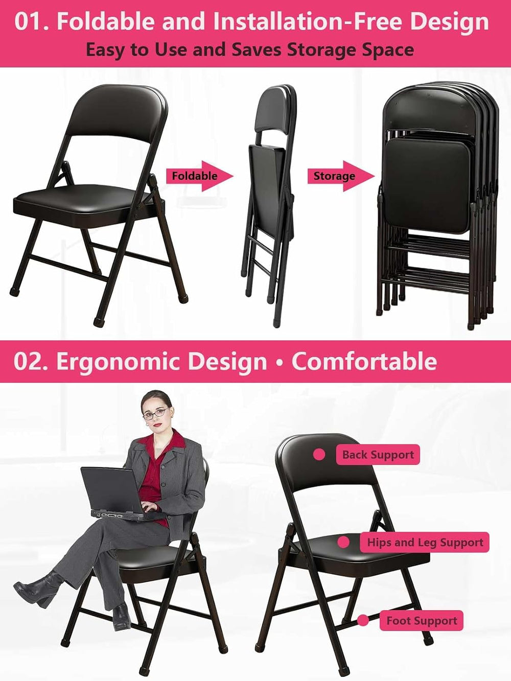 2 Pack Folding Chairs with Leather Padded Cushion and Back Metal