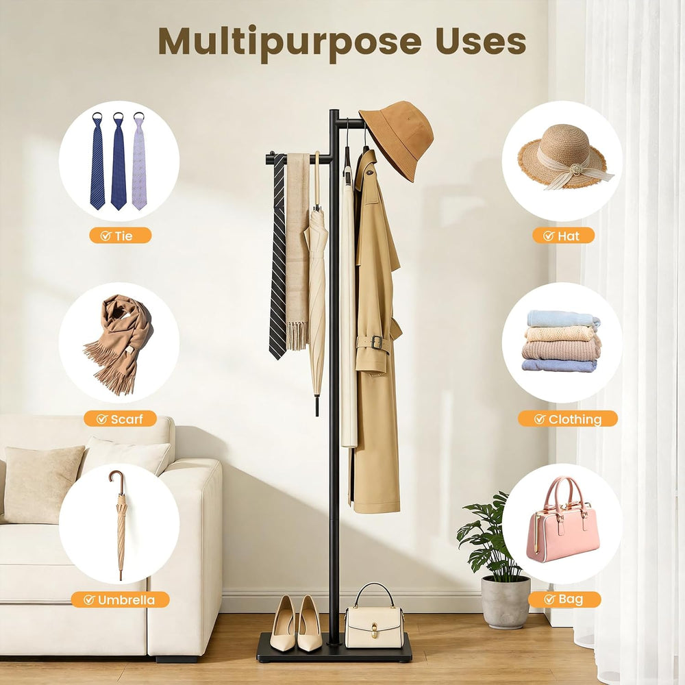Metal Freestanding Coat Rack, 68.9"H Z-Shaped Coat Tree with Natural Roc...
