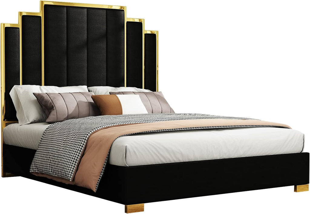 Albott Queen Size Platform Bed Frame, 61.4" Velvet Upholstered Bed with Gold Trim Headboard/Wooden Slats/No Box Spring Needed/Black