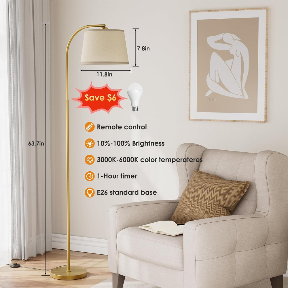 Karjoefar 64" 3 Color Dimmable Gold Arc Floor Standing Lamp with Remote