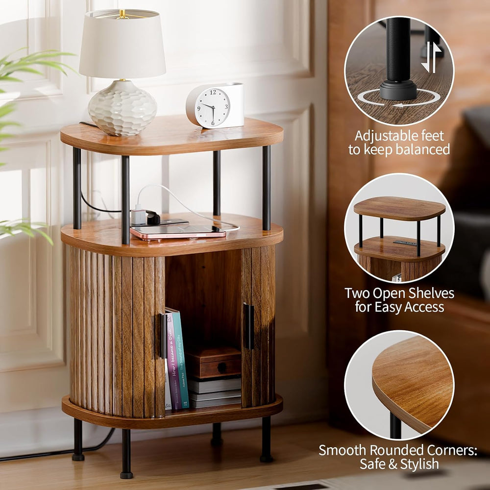 Fluted Nightstand, Walnut Bedside Table with Charging Station
