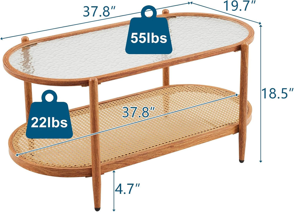 VINGLI 38" Glass Coffee Table Oval, Rattan Coffee Table, Natural Vibe