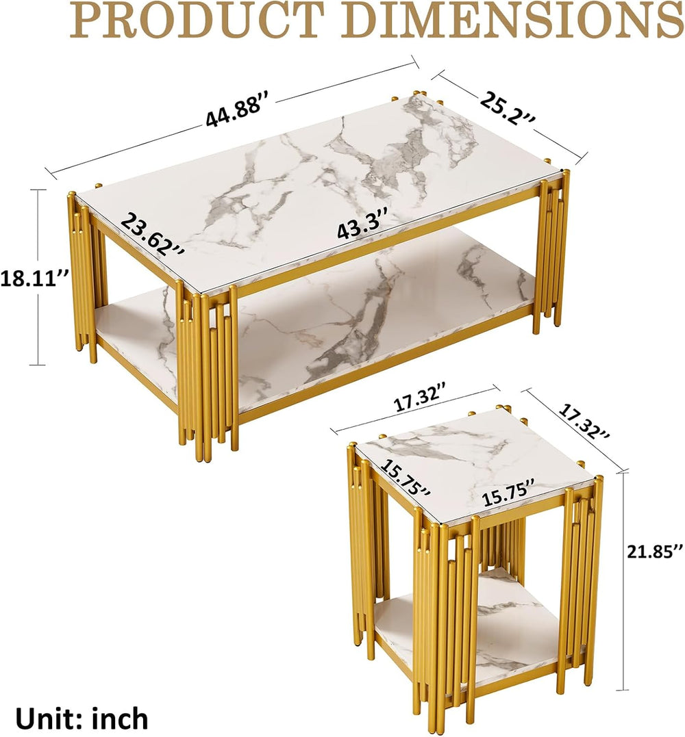 3 Pieces Living Room Table Set, White Faux Marble Coffee Table Set of 3, Mode...