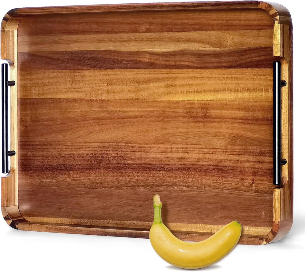 22" Acacia Wood Ottoman Serving Tray with Handles, Rounded Corners
